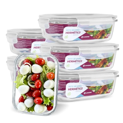 Kit 6 Potes Herméticos de Vidro Retangular 640ml com Tampa Hermética U4HOME