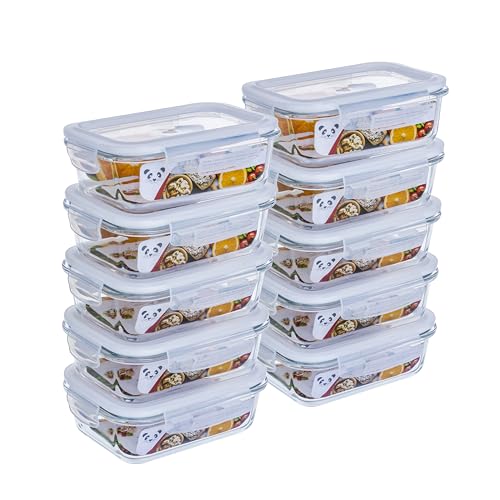 Kit 10 Potes Herméticos de Vidro Retangular 640ml com Tampa Hermética Gato Panda